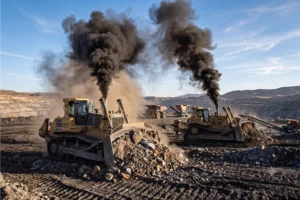 Two bulldozers at a surface mine site pushing rock with heavy black diesel exhaust smoke rising from their stacks