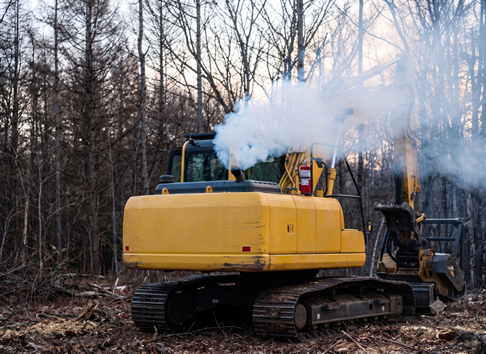 Diesel excavator emitting thick white exhaust smoke from its stack, a sign of coolant or unburned fuel reaching the cylinders